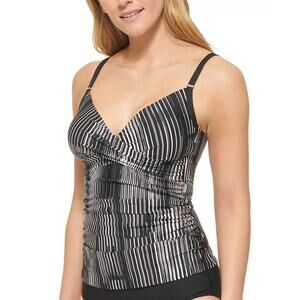 Calvin Klein Twist Front Tankini Top Black White Striped Size S Slimming New